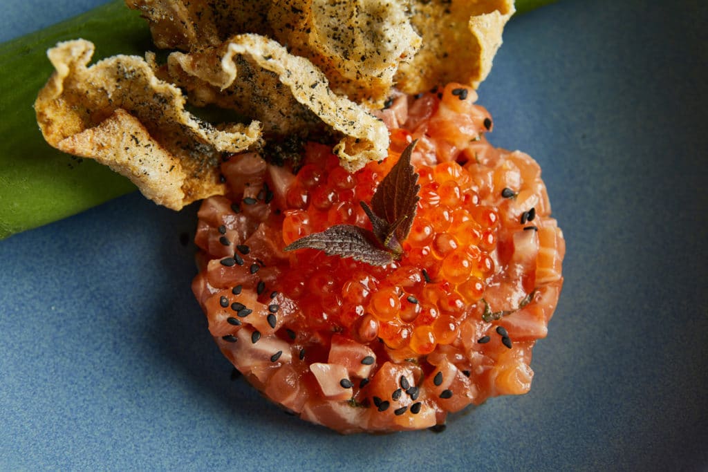 Cured king salmon, shiso crepe stuffed with egg and pea shoots, salmon roe, crispy salmon skin
